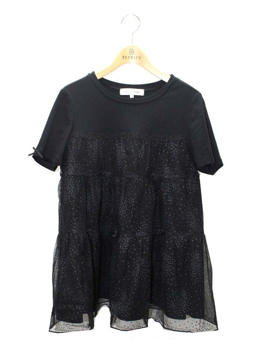 スーパービューティー チュニック 40 ブラック 小花柄 オーガンジー 切替 IT5WK5VP4580