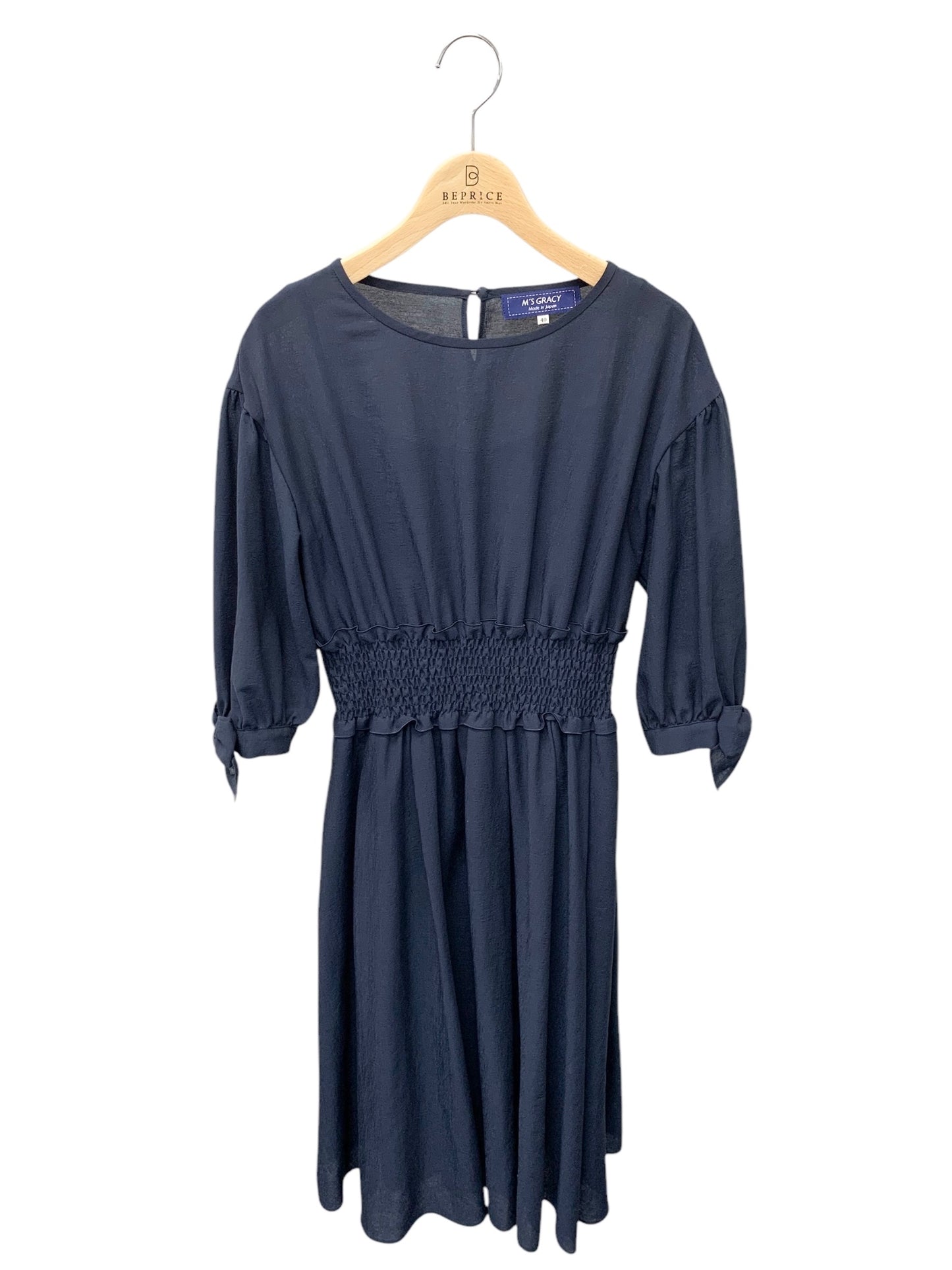 エムズグレイシー 011323 ワンピース 40 ネイビー ウエストギャザー 袖リボン ITTXKQPG3T6O
