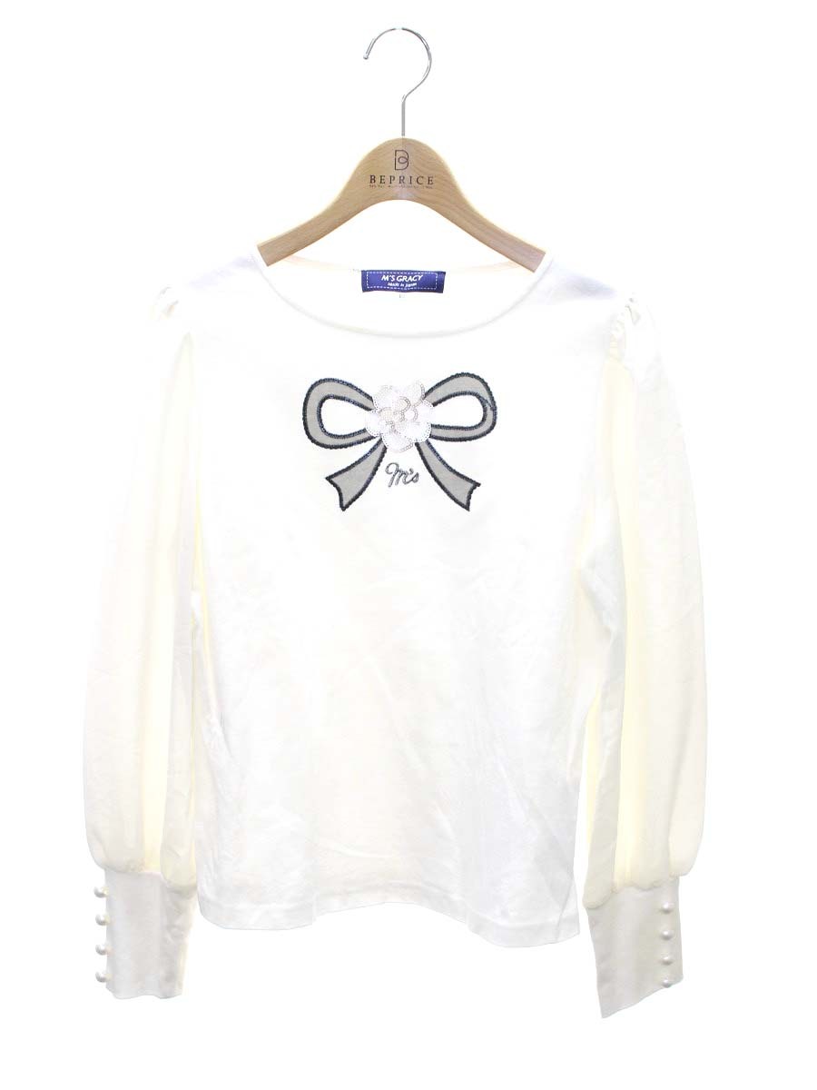 エムズグレイシー 115502 Tシャツ カットソー 40 ホワイト シフォン袖 切替 カメリアリボンモチーフ ITCMXFRRJ7VV