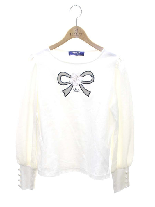 エムズグレイシー 115502 Tシャツ カットソー 40 ホワイト シフォン袖 切替 カメリアリボンモチーフ ITCMXFRRJ7VV