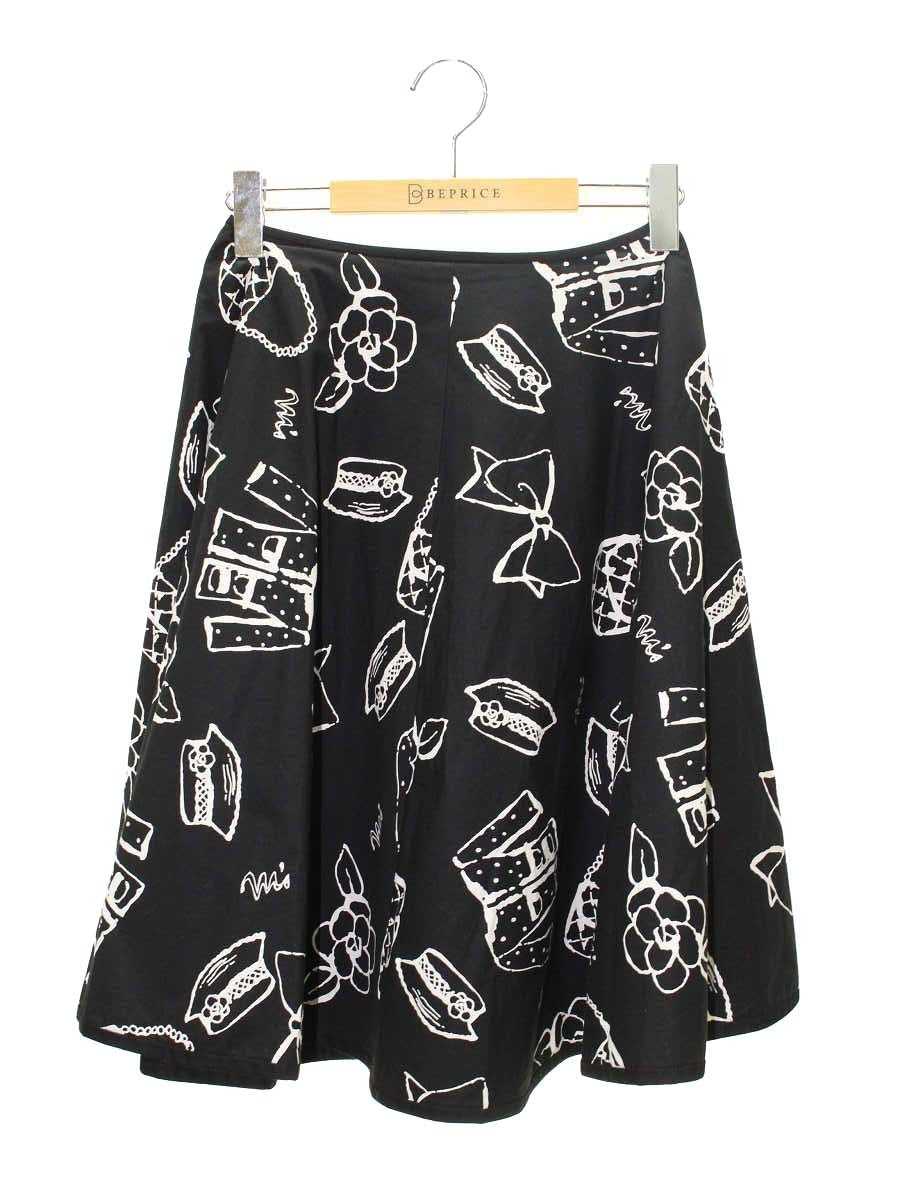 エムズグレイシー 527352 スカート 38 ブラック カメリア バッグ リボン プリントモチーフ ITDIRH2PJDY8