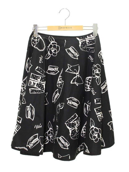 エムズグレイシー 527352 スカート 38 ブラック カメリア バッグ リボン プリントモチーフ ITDIRH2PJDY8
