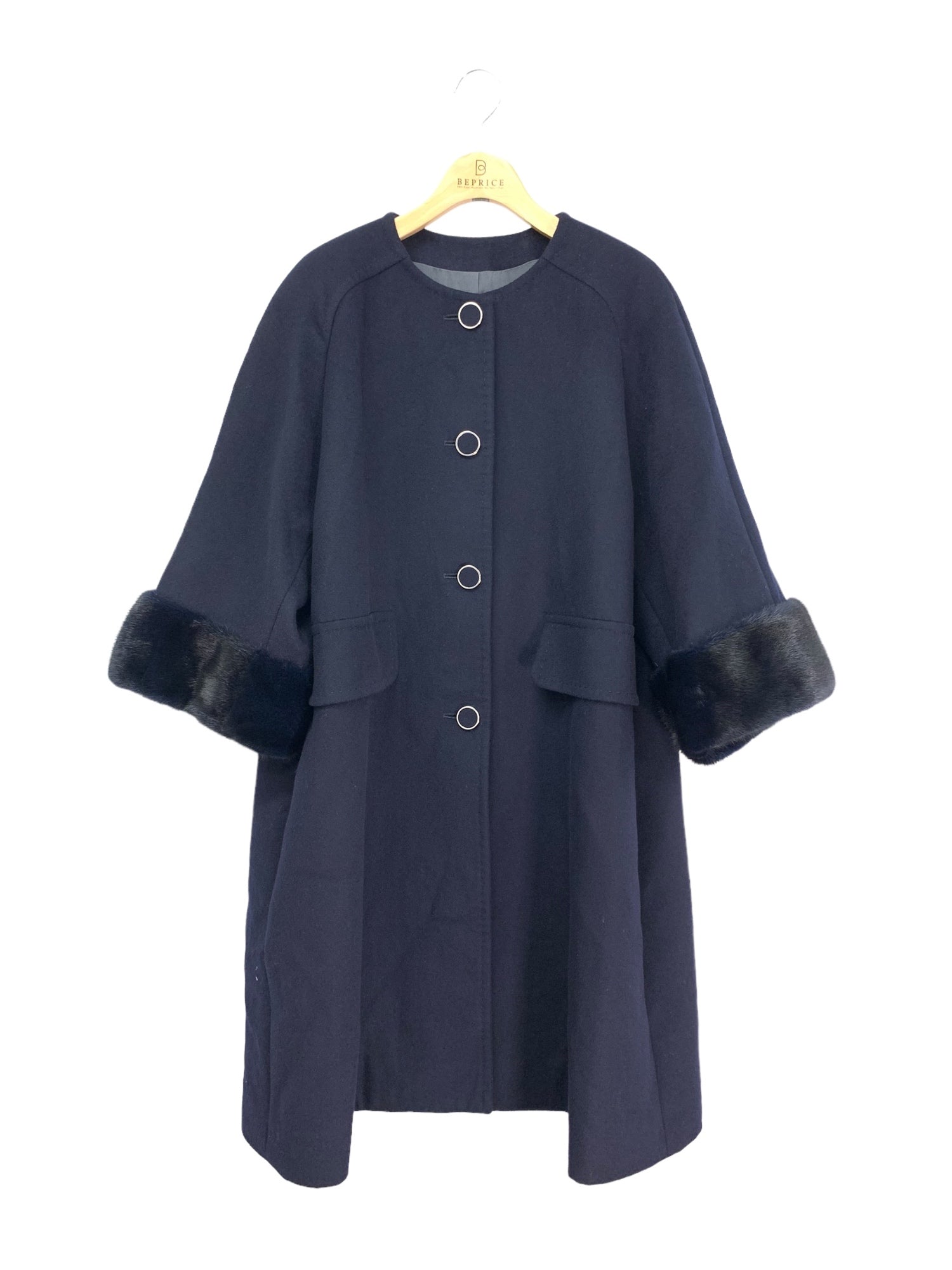 フォクシーブティック Coat Aria 43859 ノーカラーコート 40 ネイビー ミンク×カシミヤ | 中古ブランド品・古着通販ビープライス