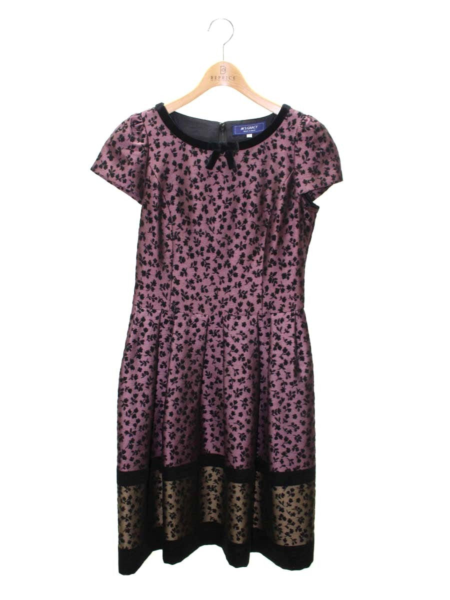 エムズグレイシー 011529 ワンピース 38 パープル フラワーモチーフ ベロアリボン IT1QN6J2PFPC