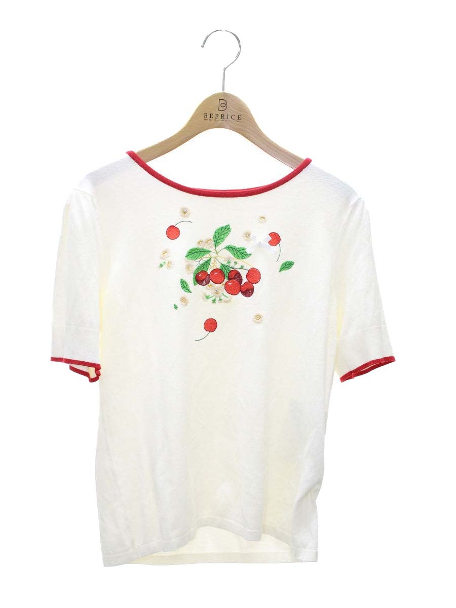 スーパービューティー トップス 42 ホワイト ニット半袖 チェリーフラワー刺繍 リボン ITCUT3UGPS6S 【SALE】
