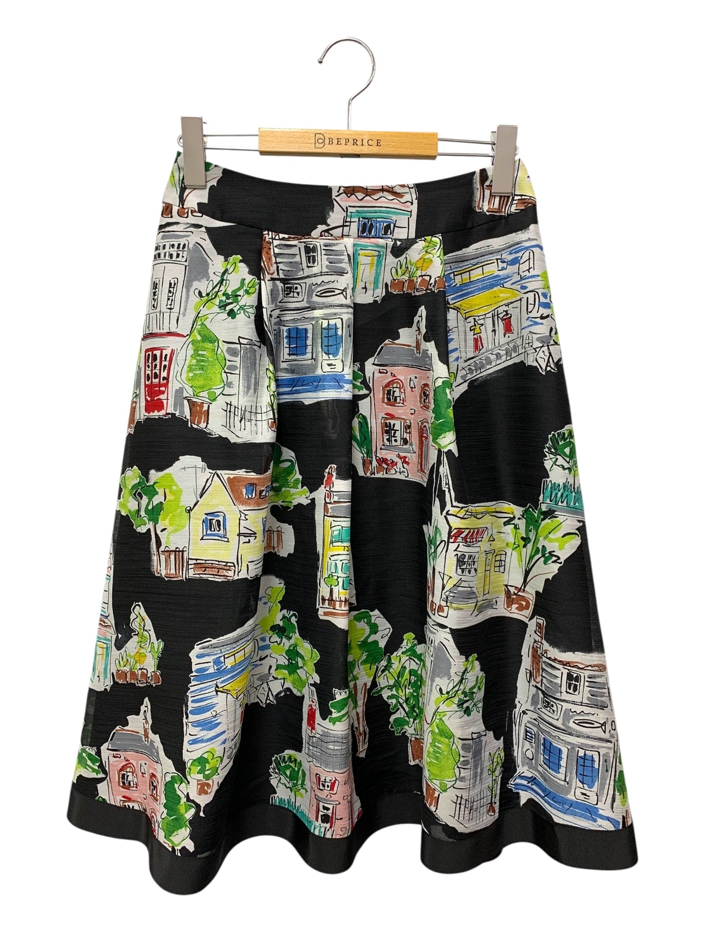 エムズグレイシー 517327 スカート 36 ブラック 街並みモチーフ フレア IT82FGQMCYH4