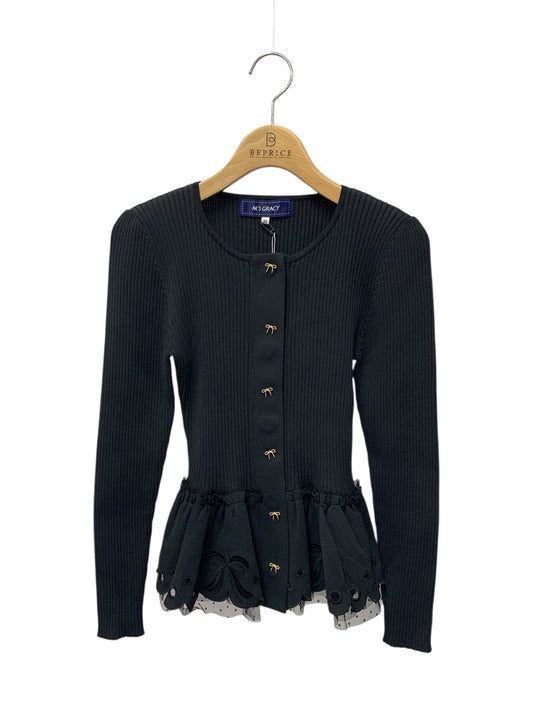 エムズグレイシー リボン刺繍入りペプラムニット 318111 カーディガン 38 ブラック IT7JMNO5Q9P5