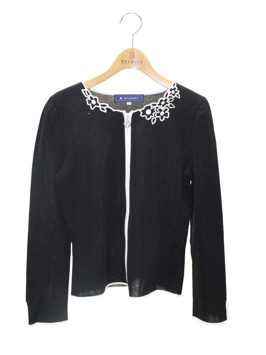 エムズグレイシー 728103 カーディガン 38 ブラック カメリアジップ IT1VS36FEY84