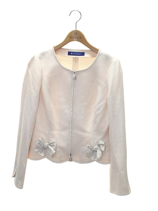 エムズグレイシー 524109 ジャケット 38 ベージュ カメリアWジップ リボン ノーカラー IT365E8PYOYU