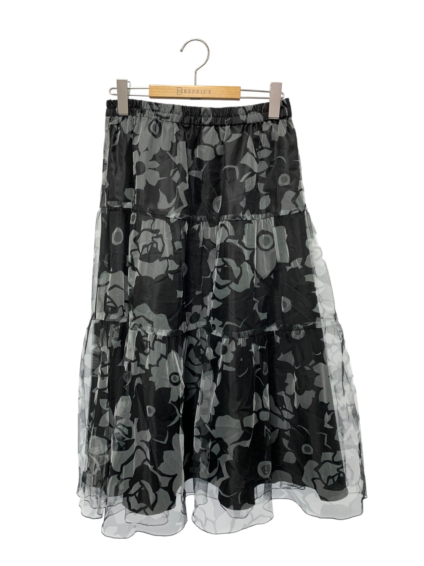 エムズグレイシー 517125 スカート 38 ブラック フラワープリント チュール IT6J5JGTFSBS