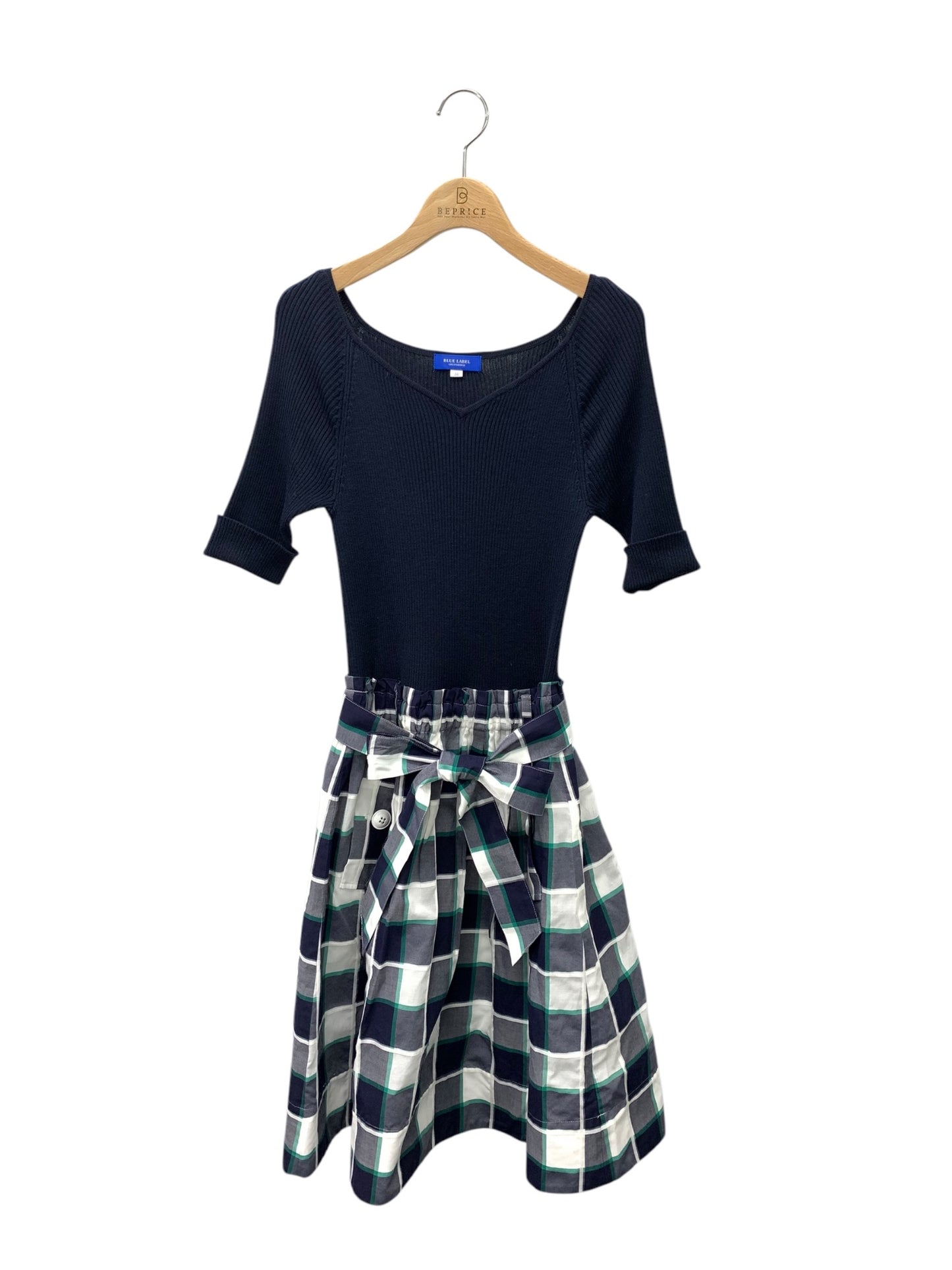 ブルーレーベルクレストブリッジ 55J79-176-29 ワンピース 38 ネイビー 切替 ニット チェック ITWNW2N46GPW