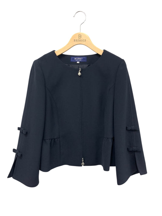 エムズグレイシー 014507 ジャケット 38 ネイビー ノーカラー ジップアップ リボン ITUSNZLQLD1Q