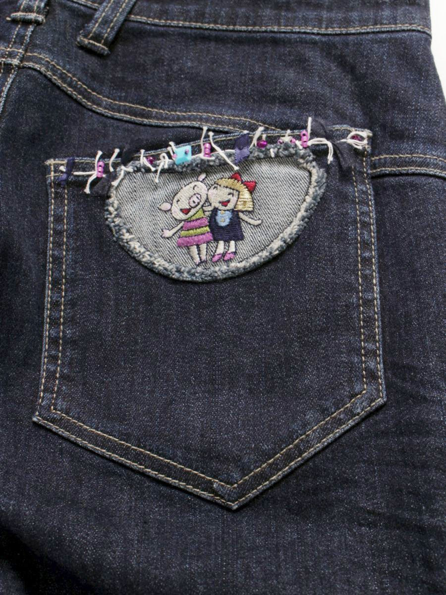 アルベロベロ 318090 デニムパンツ M ネイビー パッチワーク ビジュー IT96UE4CANXZ