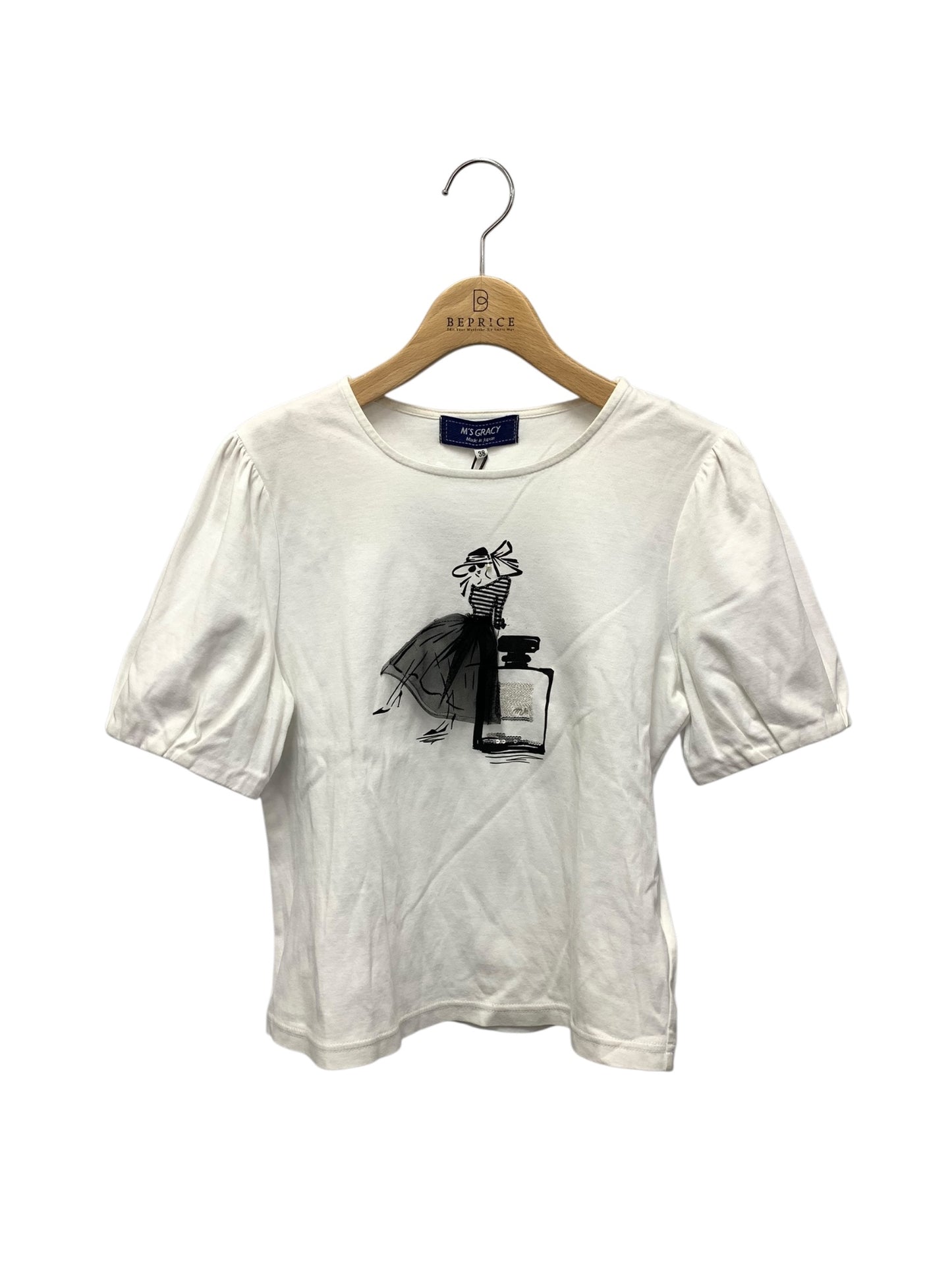 エムズグレイシー 515302 Tシャツ 38 ホワイト チュール使い プリント カットソー ITFVVFGCZTBK