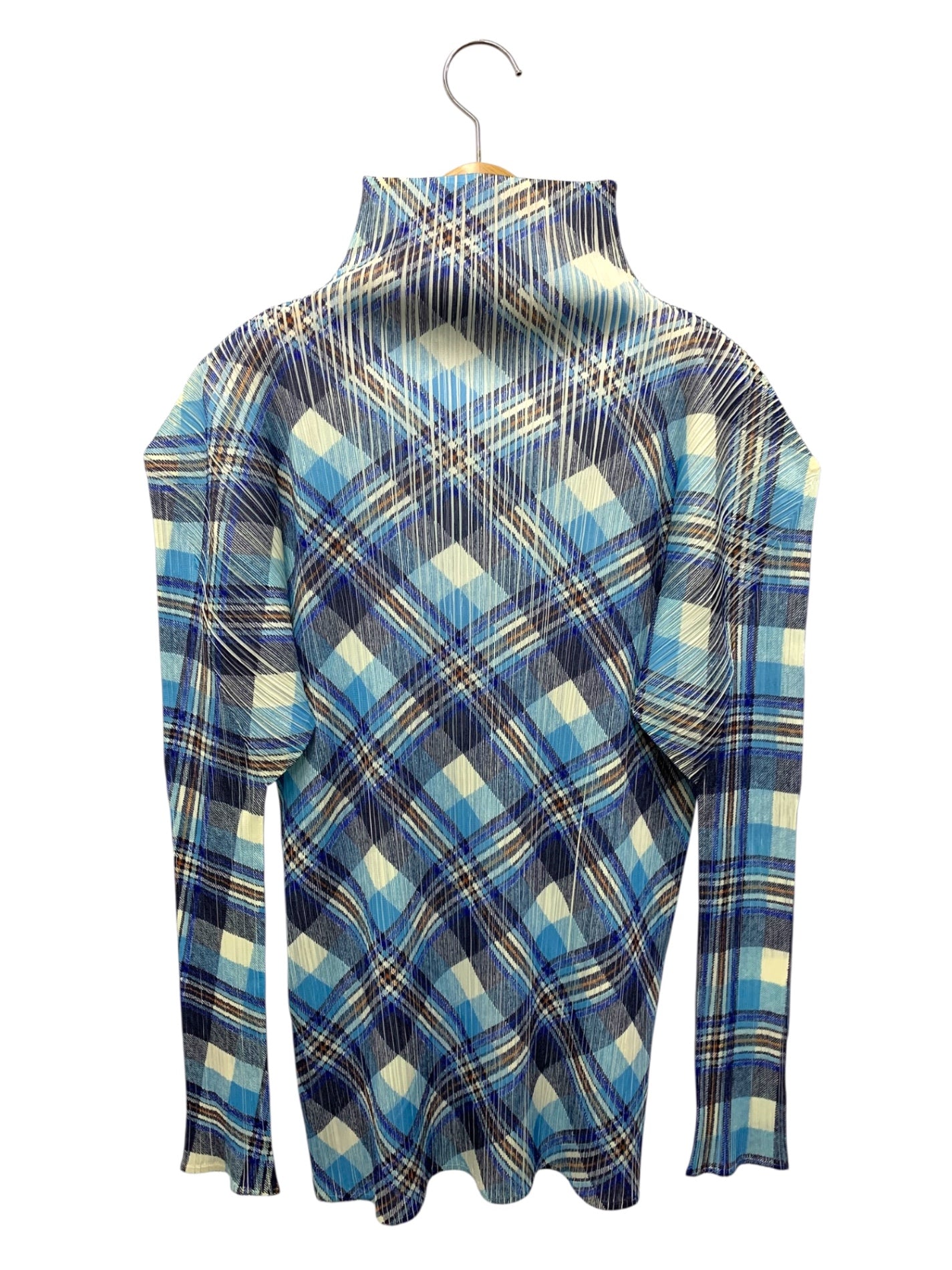 プリーツプリーズイッセイミヤケ PP52-JK604 カットソー 3 ブルー チェック柄 ボトルネック ITEGAFSJ3ETC