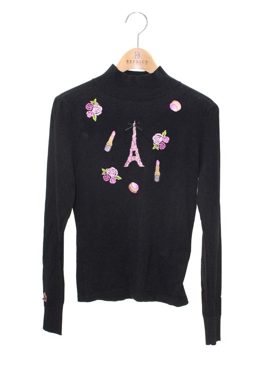 スーパービューティー ニット 38 ブラック フラワーモチーフ 刺繍 ハイネック IT50UGO3R5W2