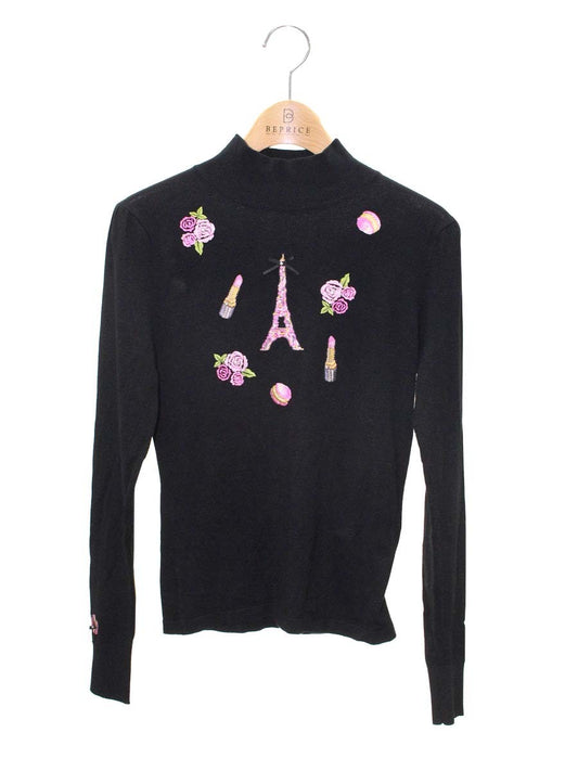 スーパービューティー ニット 38 ブラック フラワーモチーフ 刺繍 ハイネック IT50UGO3R5W2