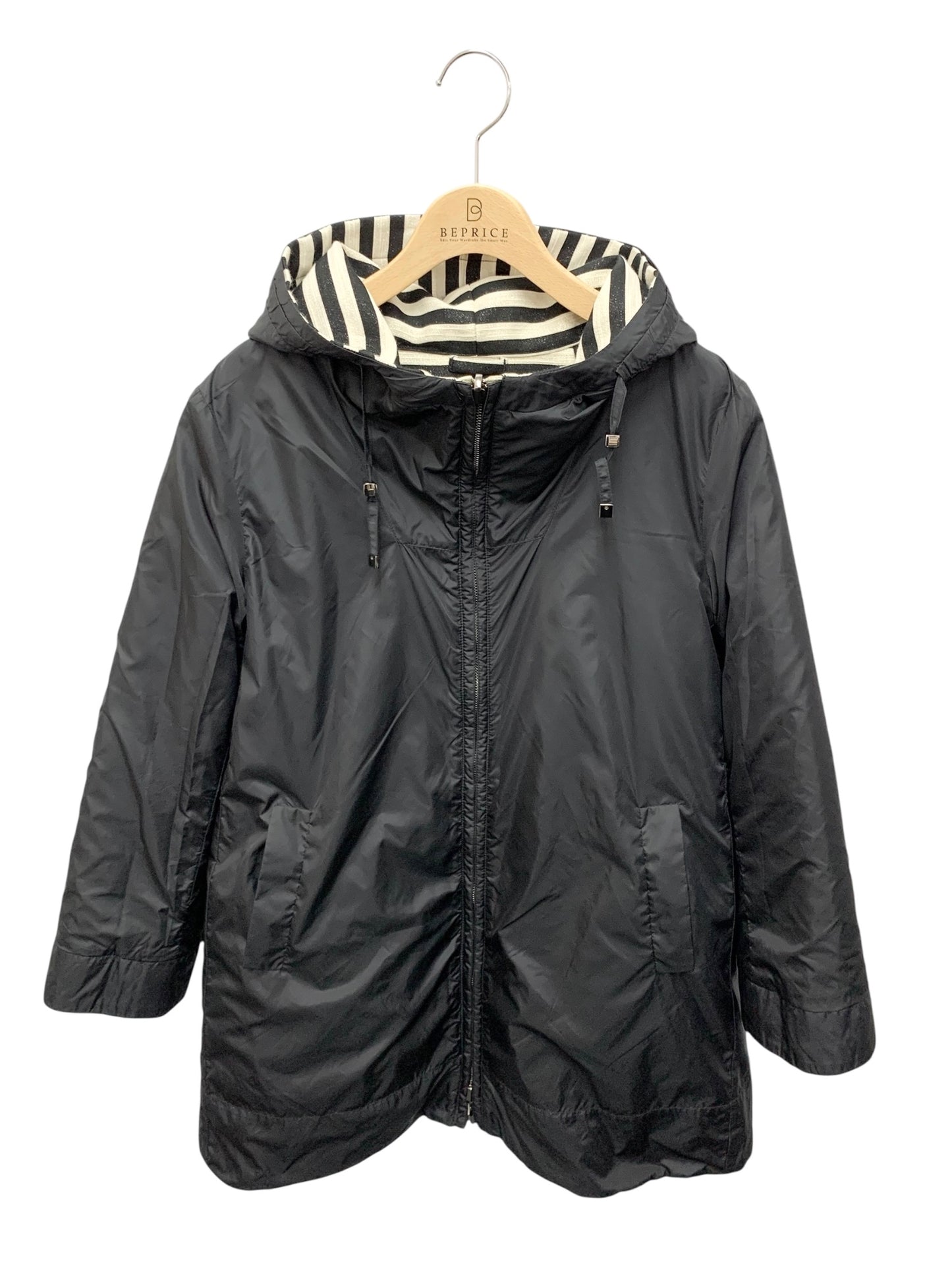 エスマックスマーラ コート 42 ブラック ストライプ リバーシブル ラメ フード ITW11WR4BDPH