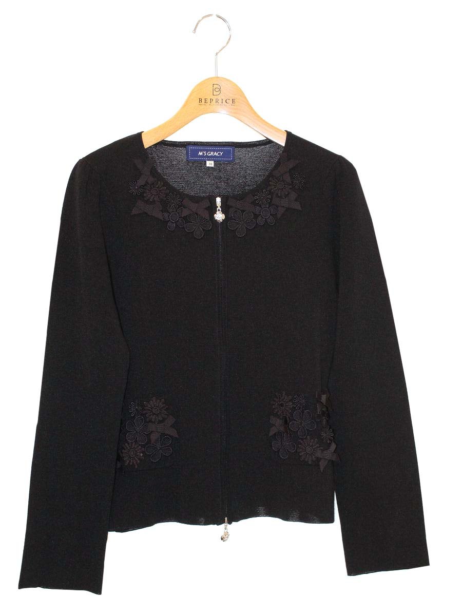 エムズグレイシー 818508 カーディガン 38 ブラック リボン Wカメリアジップ ニット ITY30665309C