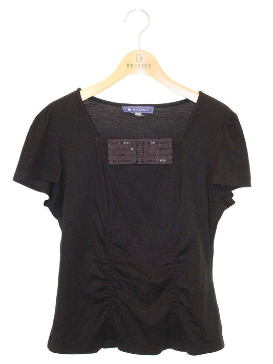 エムズグレイシー 225509 Tシャツ カットソー 40 ブラック リボン ギャザー ITXE57VXPNGO
