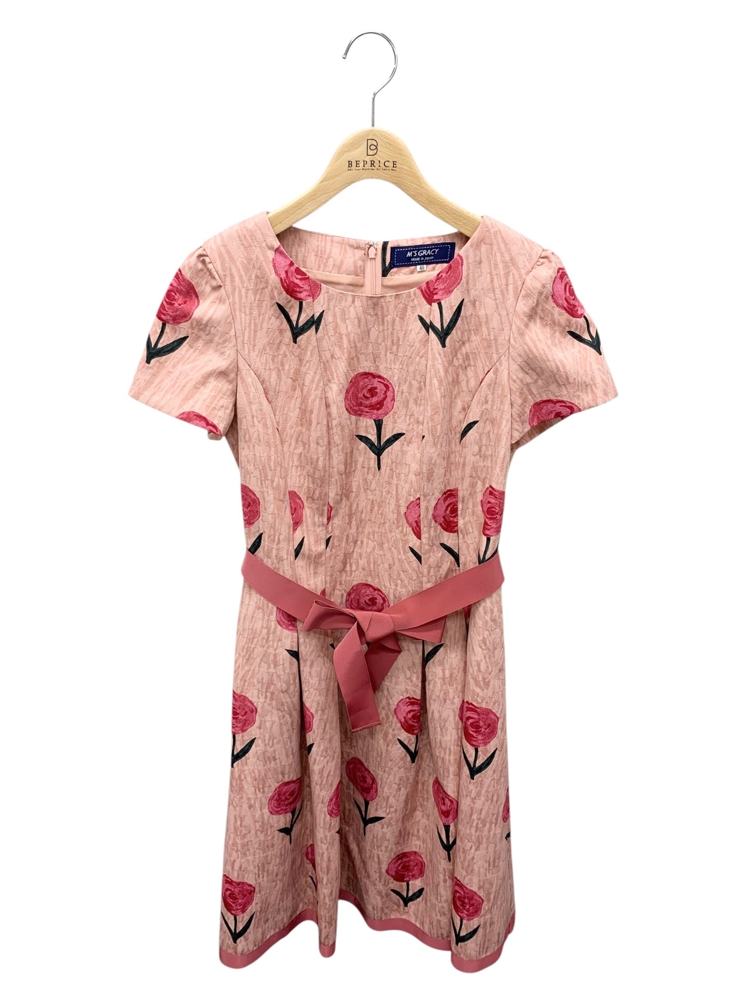 エムズグレイシー 011530 ワンピース 40 ピンク ローズモチーフ ウエストリボン ITKRJHI97V32
