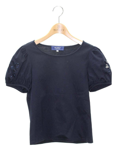 エムズグレイシー 725324 Tシャツ カットソー 38 ネイビー フラワーモチーフ スパンコール ITNVZHB1BA3W