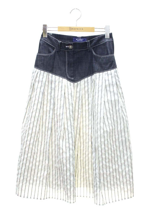 エムズグレイシー 417340 スカート 38 ネイビー/ホワイト デニム ストライプ タックフレア IT8U18KN1GG2
