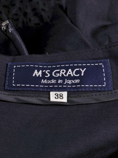 エムズグレイシー 721381 ワンピース 38 ネイビー 切替 カットワーク リボン ITH2H57WTOAO