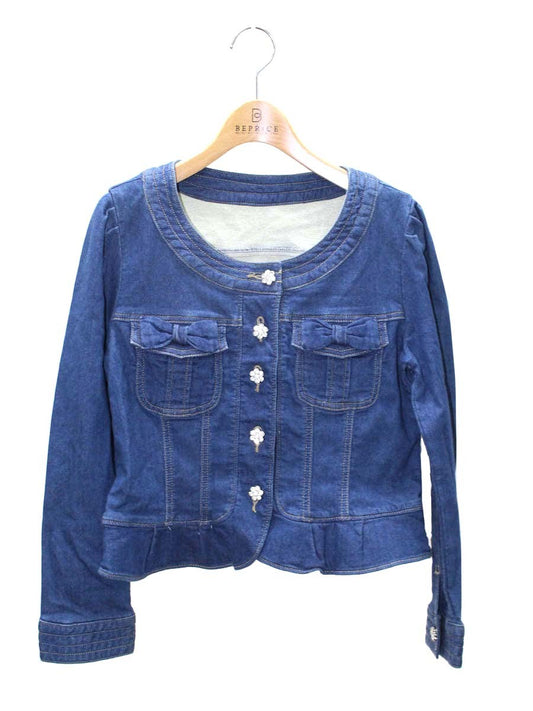 ギャラリービスコンティ 1333052-16 デニムジャケット 2 ブルー ラインストーン フラワーボタン ショート ノーカラー ITH9K1IL06VW