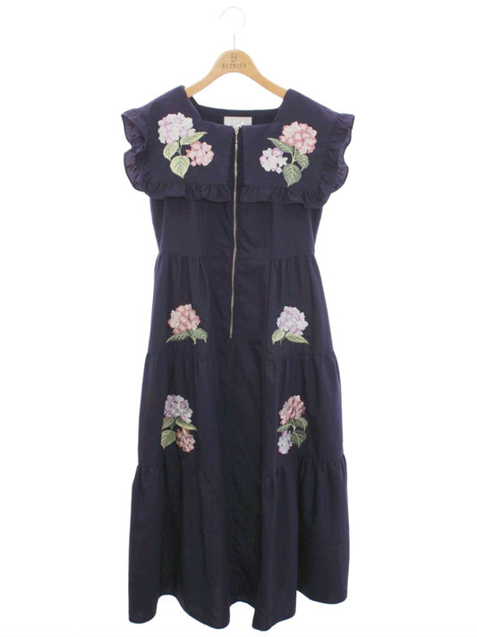 チェスティ 23F506 ワンピース 0 ネイビー フラワーモチーフ 刺繍 フロントジップ ITFX8DD56TJS