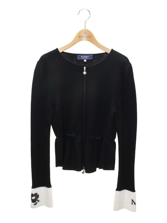 エムズグレイシー 018551 カーディガン 40 ブラック カメリア ロゴ ジップアップ ITYZ6H51R0XK