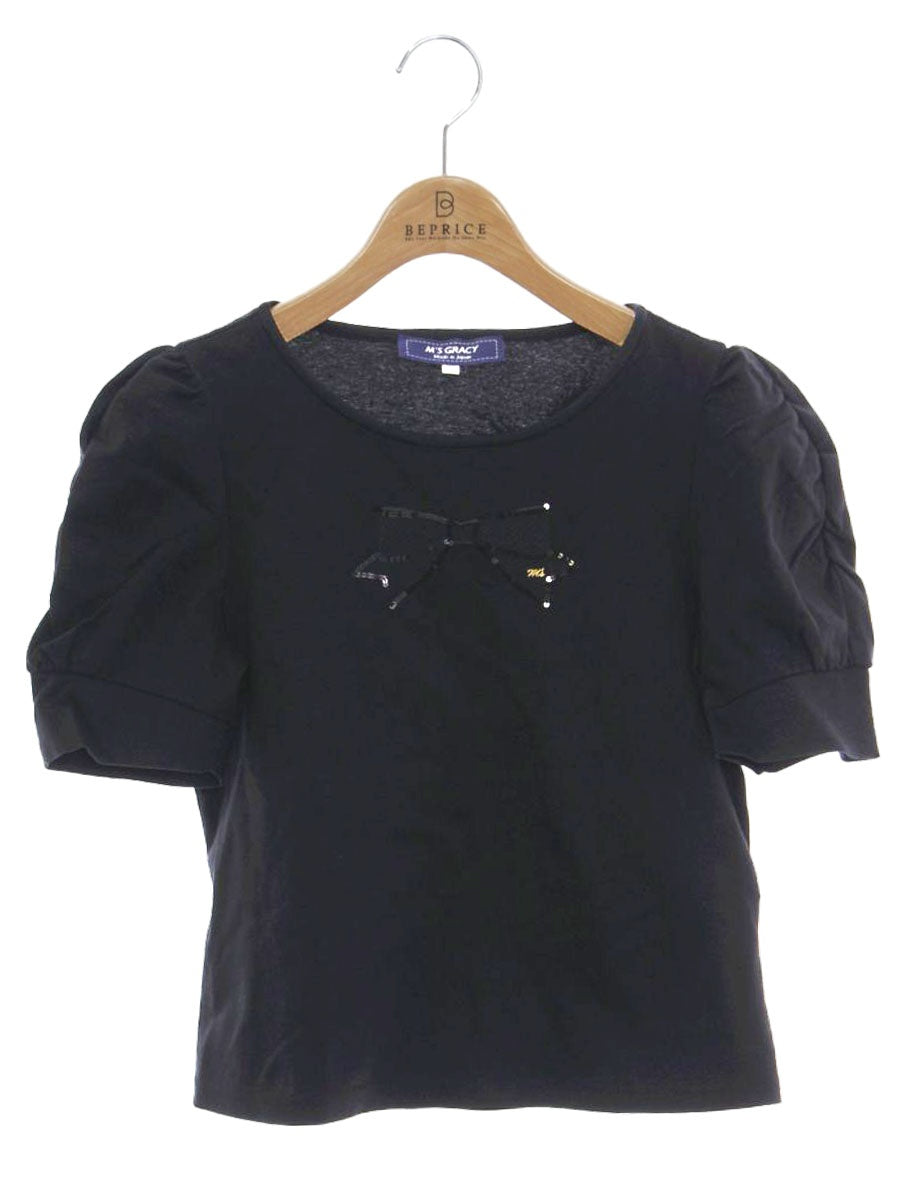 エムズグレイシー カットソー 415111 トップス 38 ブラック スパンコール リボン ITAGAV0DLMRC