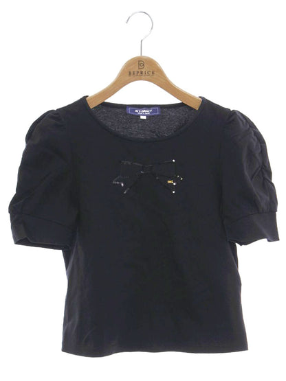 エムズグレイシー カットソー 415111 トップス 38 ブラック スパンコール リボン ITAGAV0DLMRC