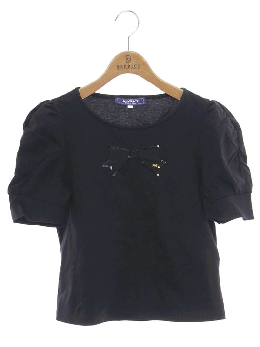 エムズグレイシー カットソー 415111 トップス 38 ブラック スパンコール リボン ITAGAV0DLMRC