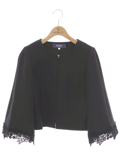 エムズグレイシー 724704 ジャケット 38 ブラック カメリア ジップアップ 袖レース IT8ZHU2FG7C6