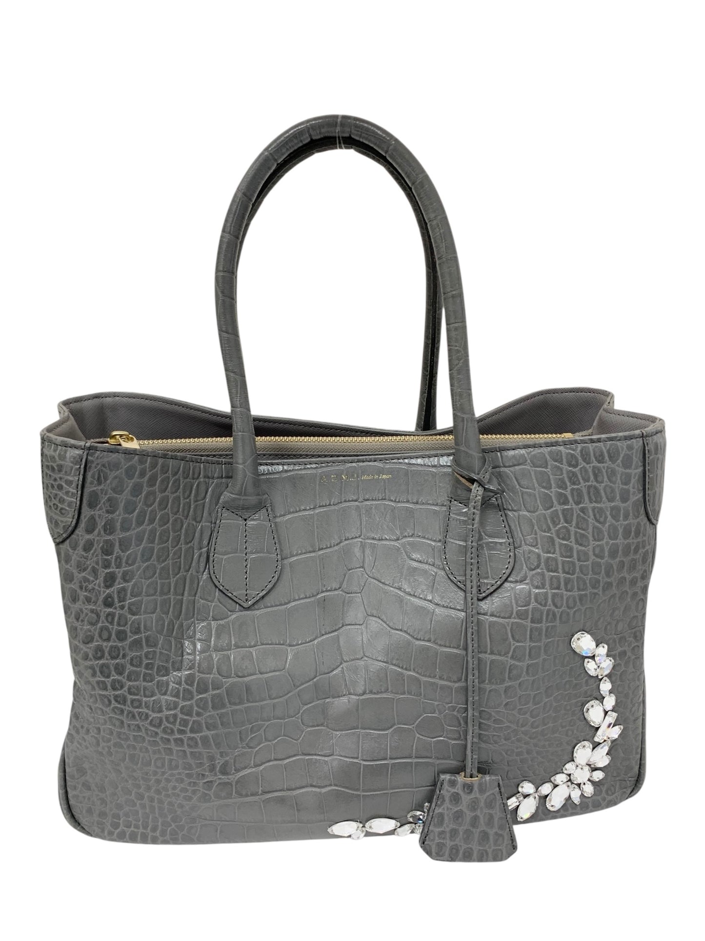 エーディーエムジェイ トートバッグ グレー クロコ型押し レザー スワロフスキー ITW95L3B47A2