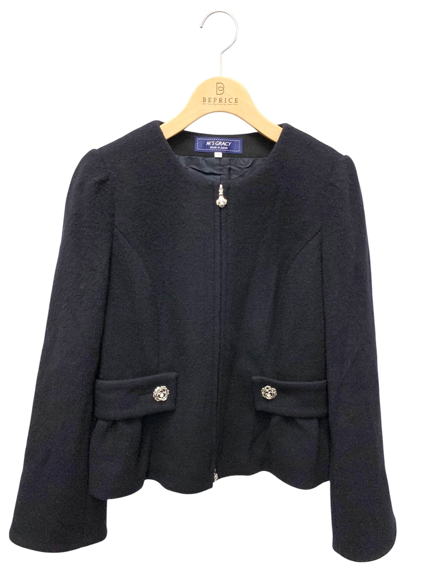 エムズグレイシー 0200 ジャケット 38 ネイビー カメリアボタン Ｗジップ ウール ITEYN1LU8M2O