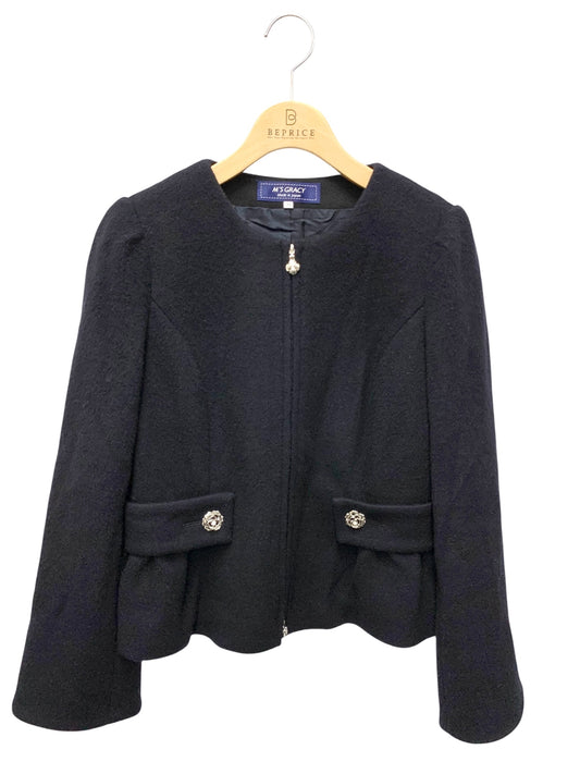 エムズグレイシー 0200 ジャケット 38 ネイビー カメリアボタン Ｗジップ ウール ITEYN1LU8M2O