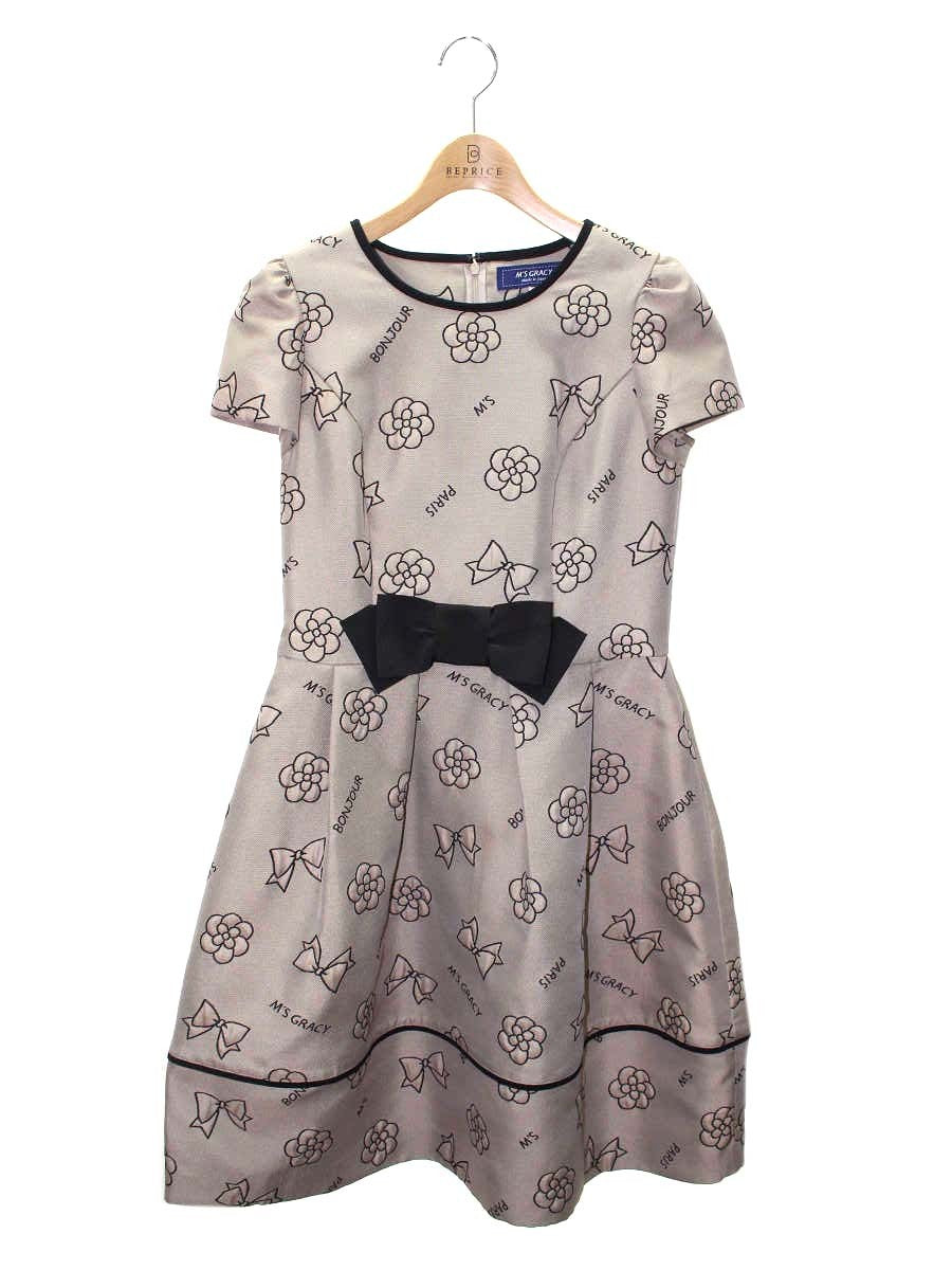 エムズグレイシー 011503 ワンピース 38 ベージュ/ブラック カメリアモチーフ IT5S0S7XIEVX