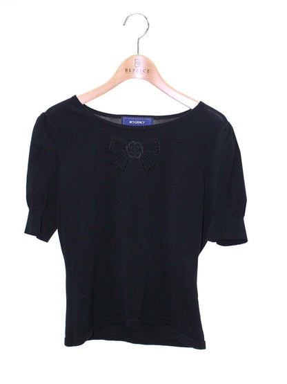 エムズグレイシー 218328 ニット セーター 38 ブラック カメリア リボン 刺繍 ITAP4KES72KO