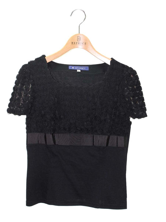エムズグレイシー 125105 Tシャツ カットソー 38 ブラック ローズチュール リボン 切替 ITV01LS3L0U5