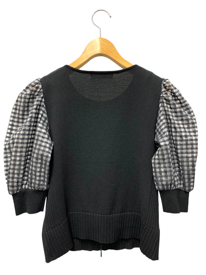 ルネ 5422031 カーディガン 34 ブラック 異素材ミックス チェックバルーンスリーブ パール ダブルジップ ITKAZFH7IENC