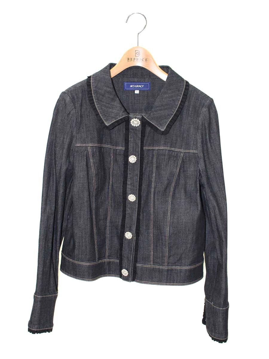 エムズグレイシー ビジューボタン付きデニムジャケット 214504 デニム パールボタン 42 ブラック コットン IT3P7X97GVOS