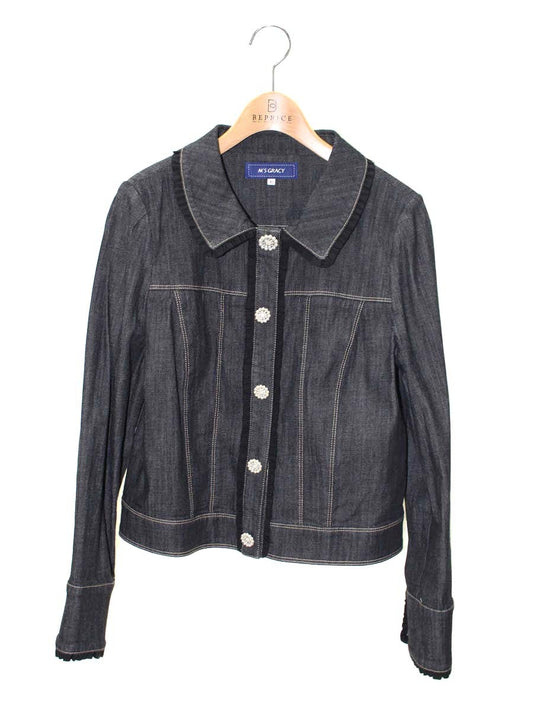 エムズグレイシー ビジューボタン付きデニムジャケット 214504 デニム パールボタン 42 ブラック コットン IT3P7X97GVOS