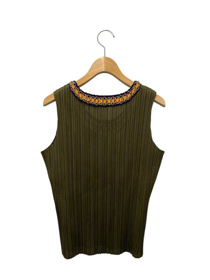 プリーツプリーズイッセイミヤケ PP73-JG571 カットソー 3 カーキグリーン ノースリ 刺繍 ITFIIA7WHK9I 【SALE】