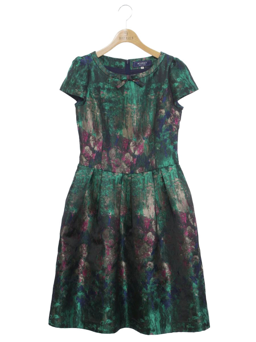 エムズグレイシー 011516 ワンピース 38 グリーン 絵画調 リボン ITGH6E2EPSPO