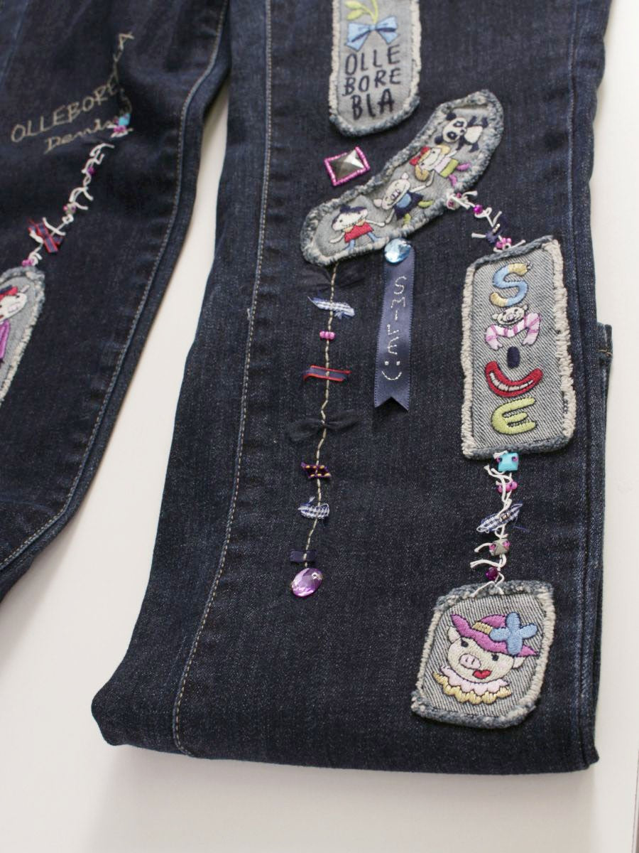 アルベロベロ 318090 デニムパンツ M ネイビー パッチワーク ビジュー IT96UE4CANXZ