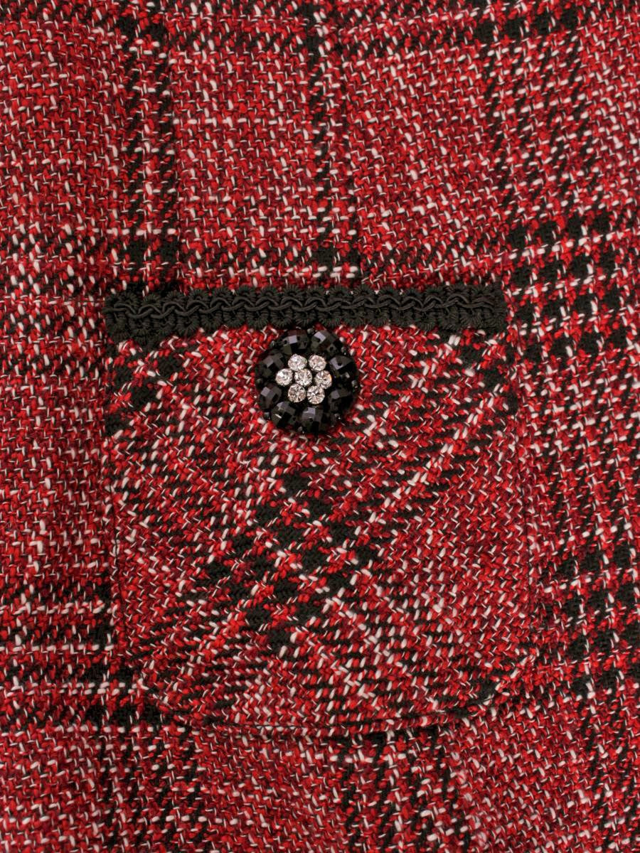 スーパービューティー ワンピース 42 レッド チェック柄 ビジュー リボン 袖ニット IT40FXXAAKU4 【SALE】