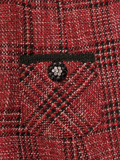 スーパービューティー ワンピース 42 レッド チェック柄 ビジュー リボン 袖ニット IT40FXXAAKU4 【SALE】