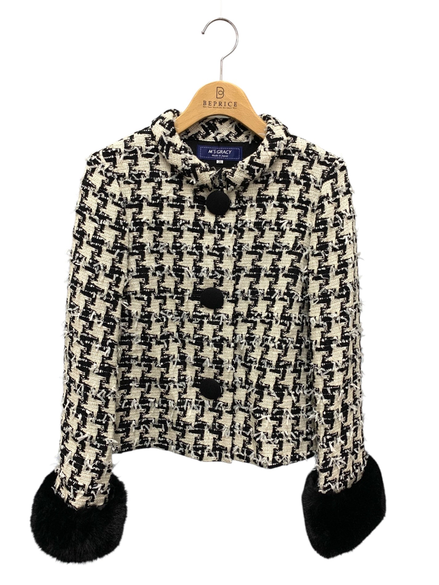 エムズグレイシー 914528 ジャケット 38 ホワイト ツイード ファーカフス付き IT0GRQSB5J5G